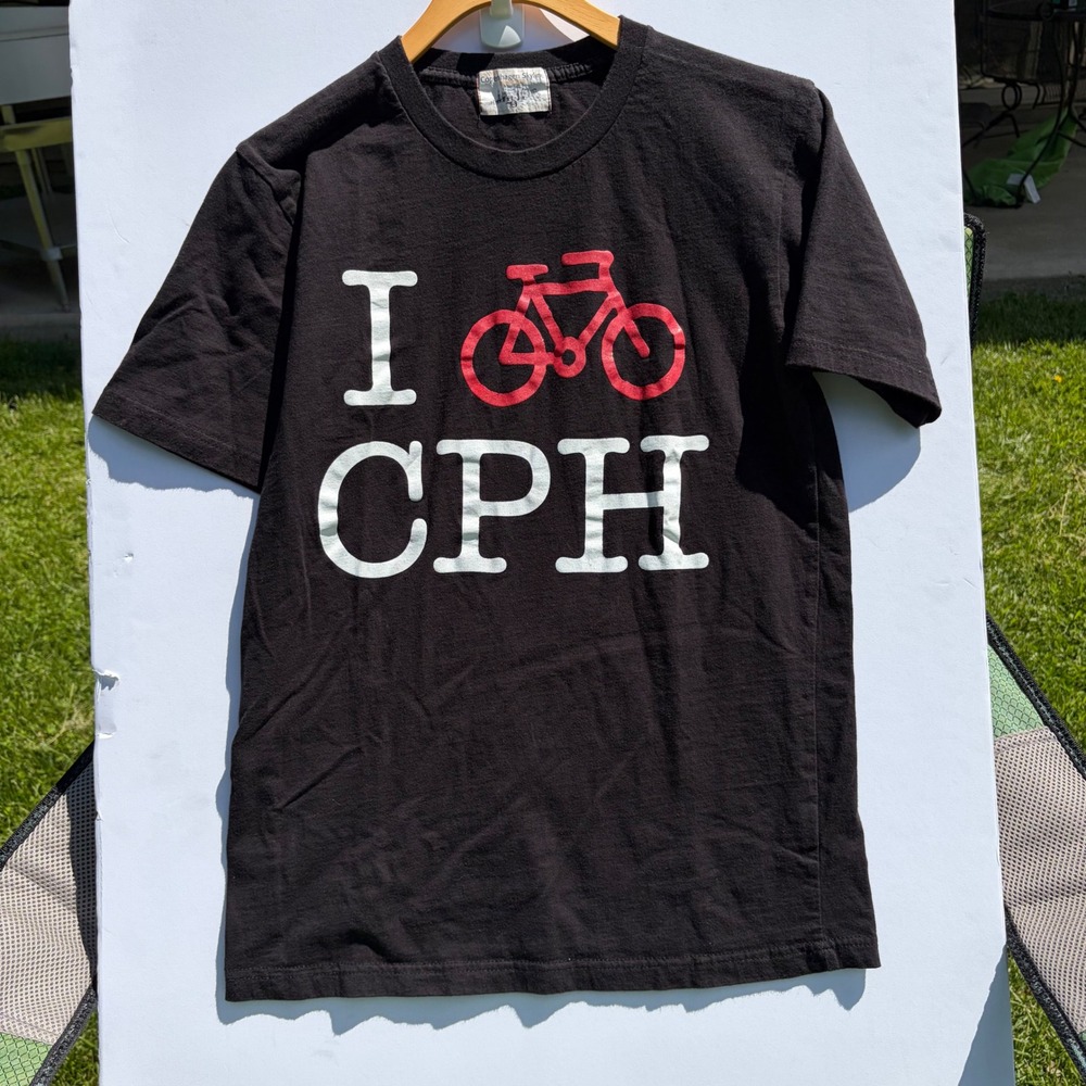 Copenhagen Skyline Mens Small I Bike CPH Graphic T-Shirt Black Cotton Denmark